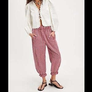 Free People Red Gingham Barrel Leg Pants